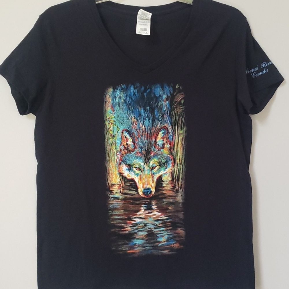 Wolf Painted Brushstrokes Graphic Womens V Neck Black Tee sz Large All Cotton